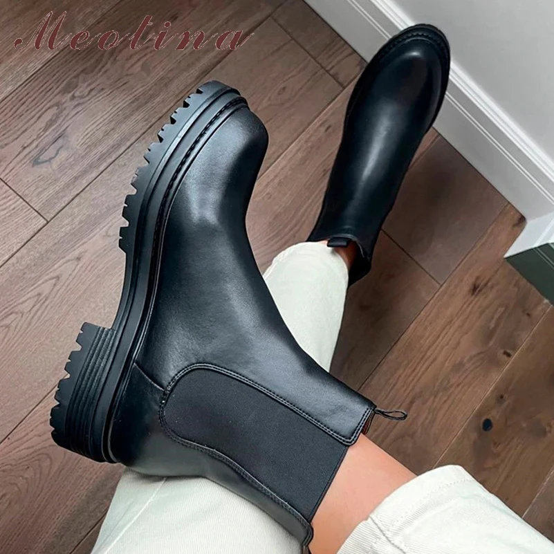 

Meotina Brand Design Women Ankle Boots Genuine Leather Chelsea Boots Platform Chunky Low Heel Short Booties Autumn Winter 41