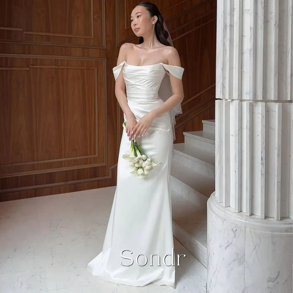 Sondr Off Shoulder Elegant Wedding Receipt Dresses Korea Photo shoot Silk Satin Floor Bridal Gowns Corset Back Simple Customize