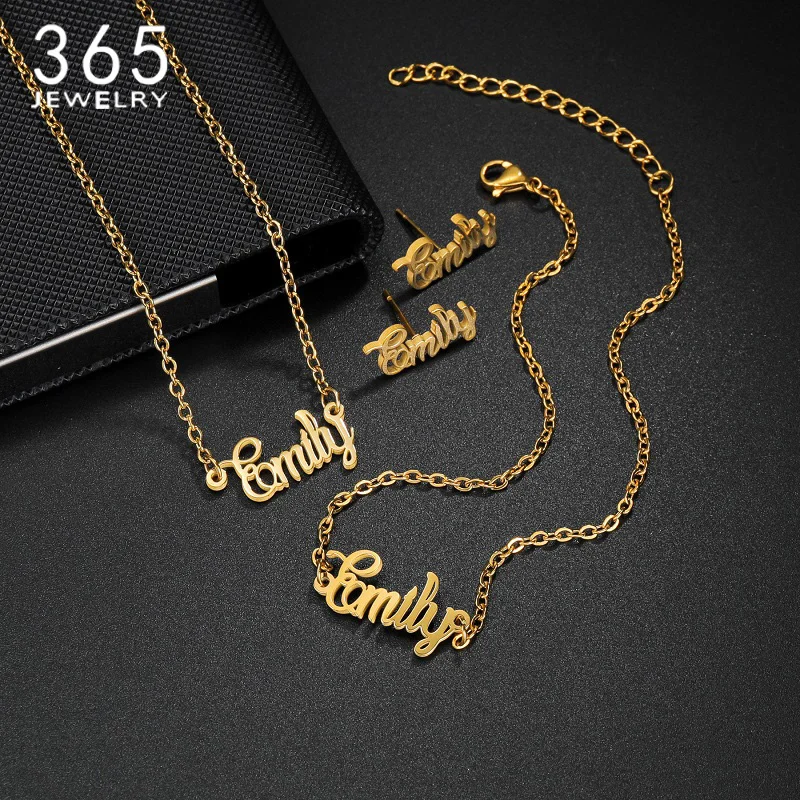 

365 New Style Personalized Set Stainless Steel Custom Name Necklace Bracelet Stud For Women Charming Jewelry Girls Trendy Gifts