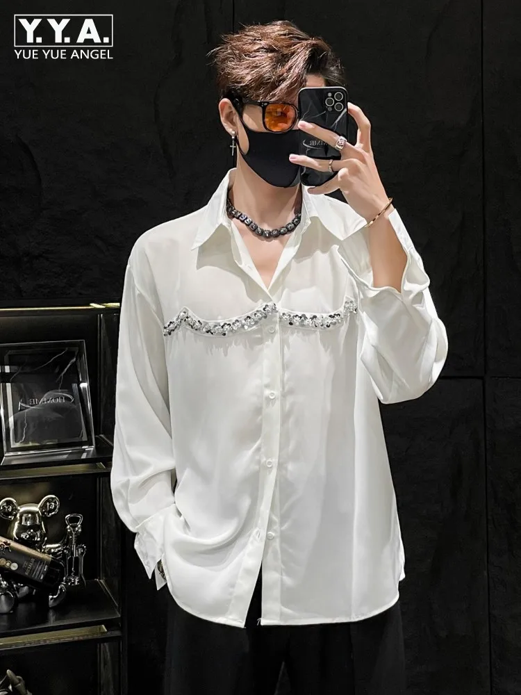 

Mens Long Sleeve Shiny Sequined Designer Party Casual Shirt Single Breasted Lapel Collar Banquet Tops Male Fashion Runway Shirts