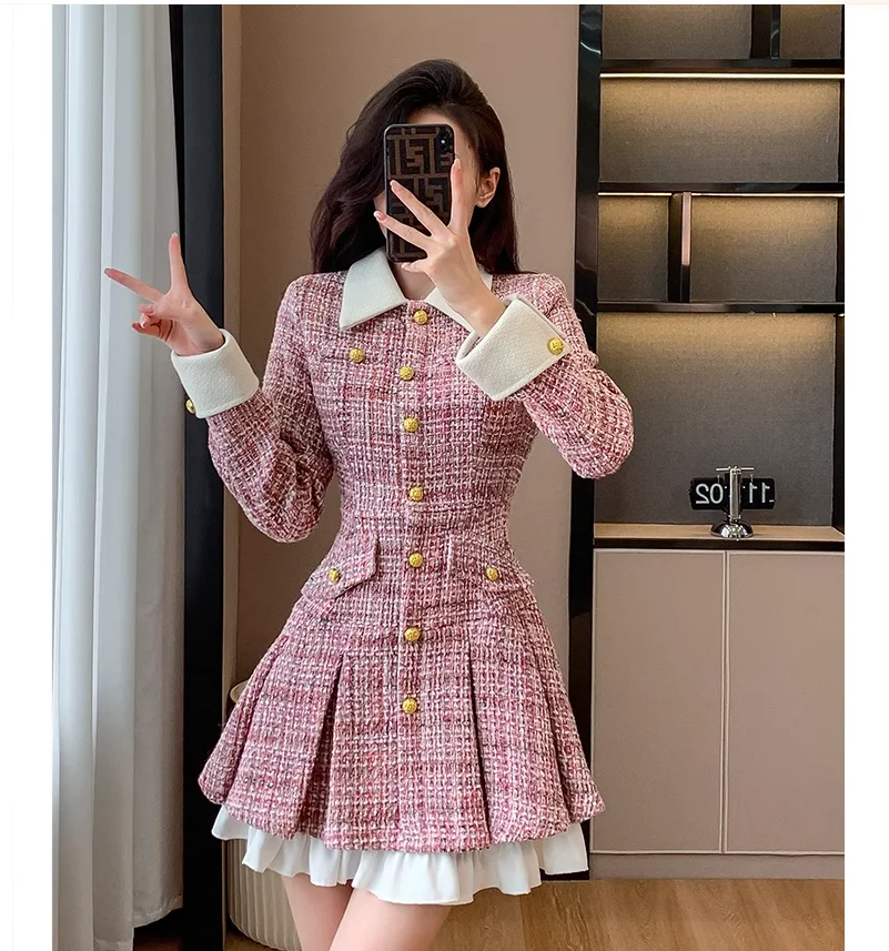 

Pink Fragrant Wind Coarse Tweed Dress Women's Autumn French Light Luxury Contrast Color Splicing Short Skirt