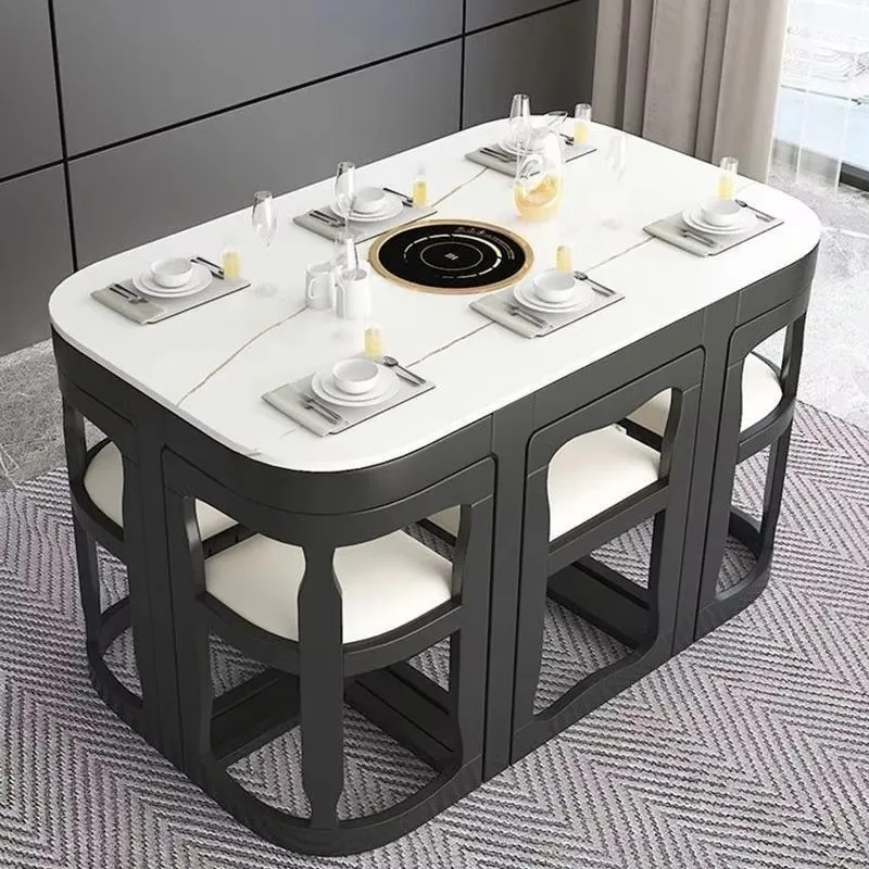 Rock Plate Dining Table Quartz Slab Square Extendable Modern Minimalist Dining Table for Small Apartment Invisible Induction