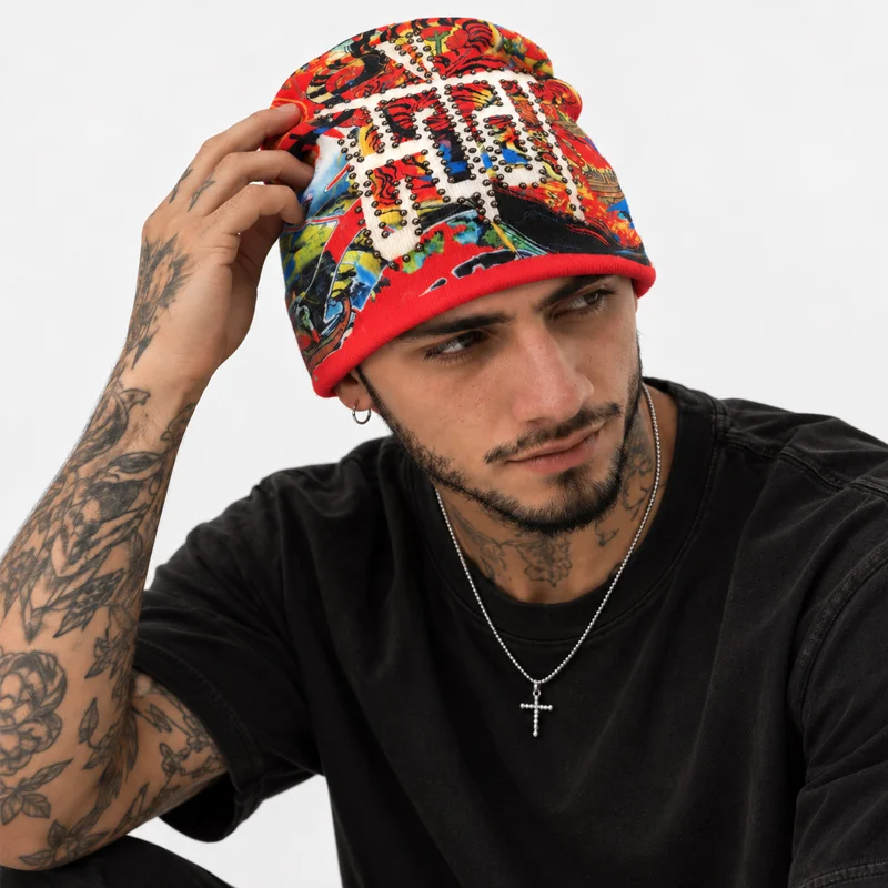 Unisex Hip Hop  Punk Grunge Slouchy Beanie Vintage Comic Graffiti Print Metal Stud Street Casual Soft Knit Headwear