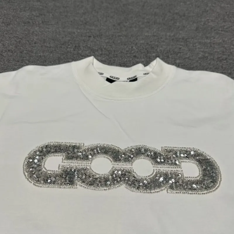 American Street GOODBRAND Tshirts Silver Glitter Earth Pattern Basic Letter Logo White Black Men Women Short Sleeve Casual Tops