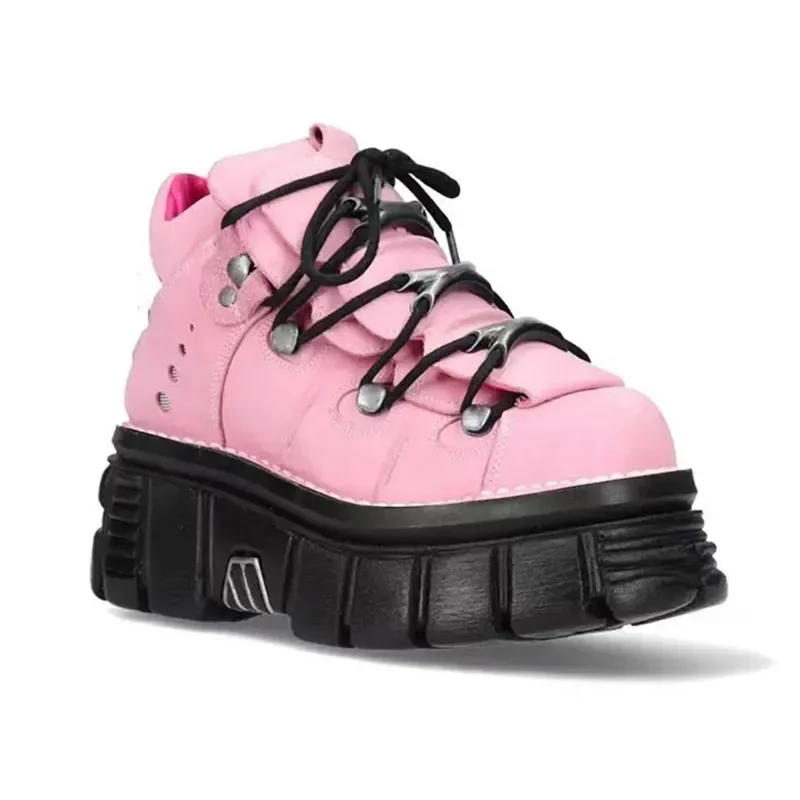 New Punk Style Women Shoes Lace-up heel height 6CM Platform Shoes Woman Gothic Ankle Rock Boots Metal Decor Woman Sneakers view 3