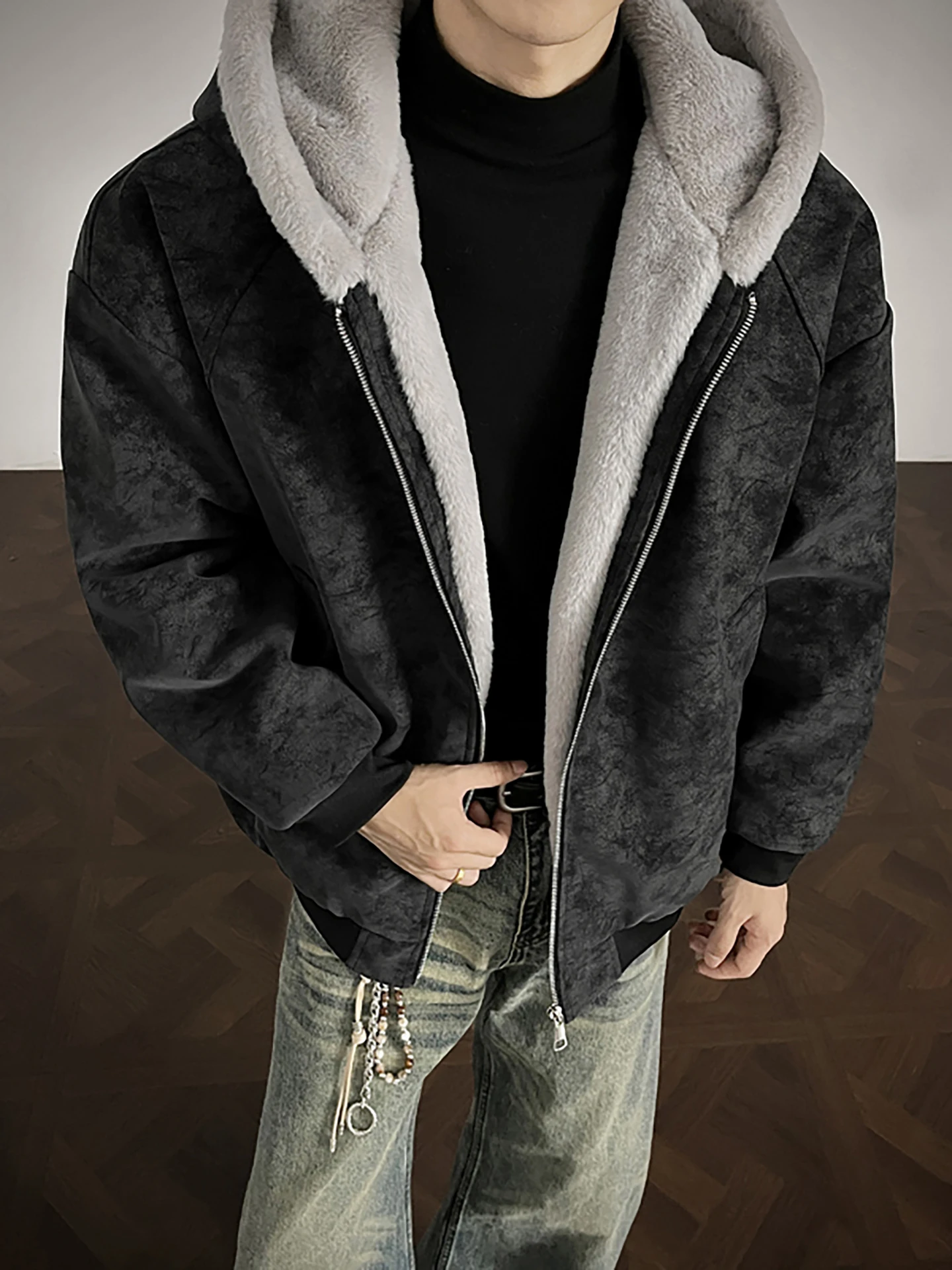 

Men's Thiened Winter Jaet Fake Fur Hooded Coat American Sle Trendy Cotton Jaet Couple's Warm Hooded Cotton Coat