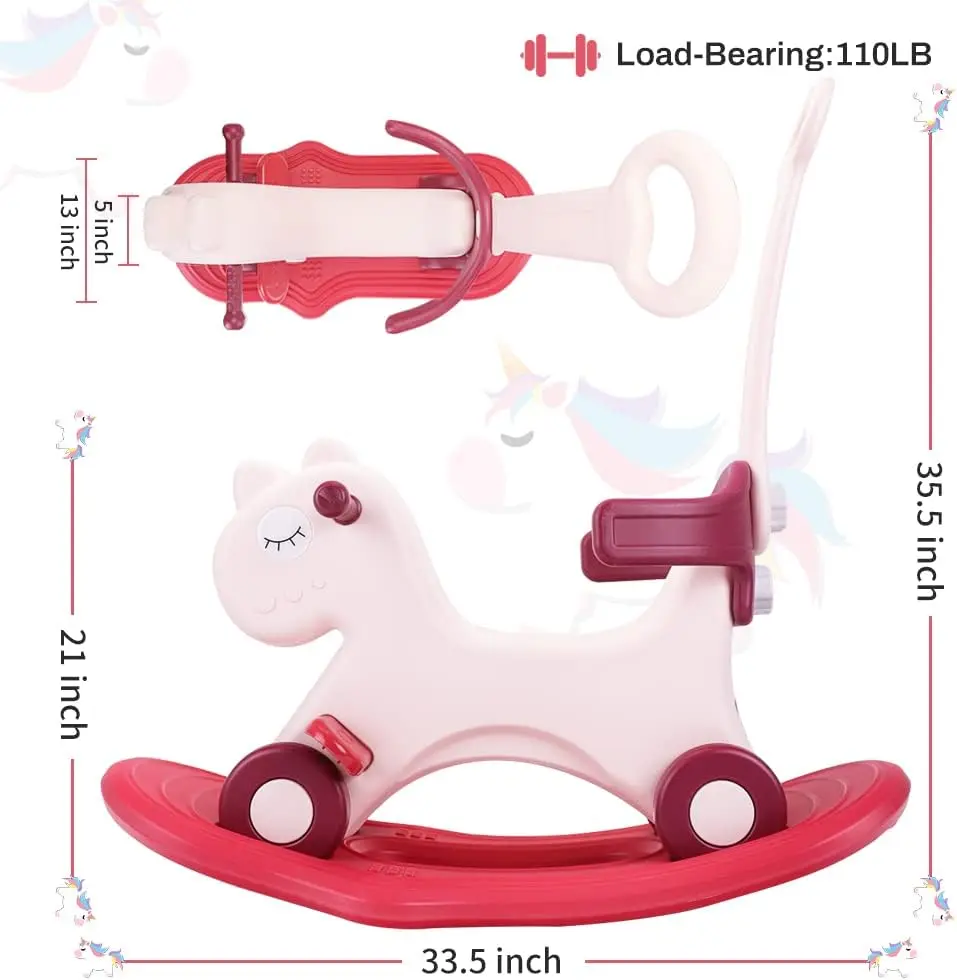 Cheval à bascule 4 en 1 pour tout-petits de 1 à 3 ans, jouets de vélo d'équilibre avec poignée de poussée, dossier et planche d'équilibre pour bébé