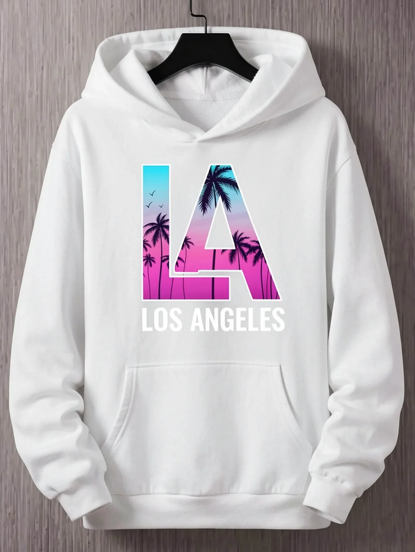 Black Hoodie LA Print Pullover Men Los Angeles Palm Tree Sunset Gradient Graphic Oversized Streetwear Top