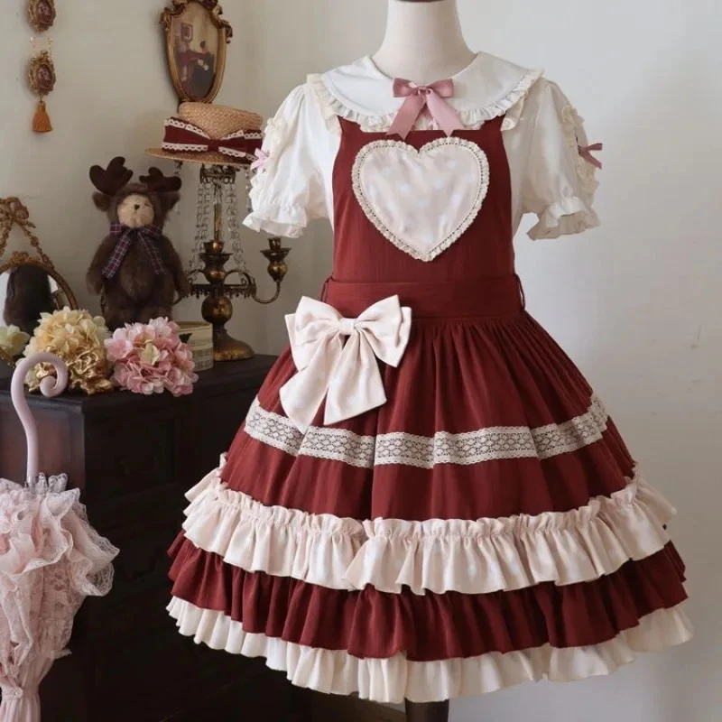 Sweet Girls Pink Cute Lolita Jsk Dress Polka Dot Print Lace Ruffle Bow Love High Waist Strap Dresses Women Kawaii Princess Dress