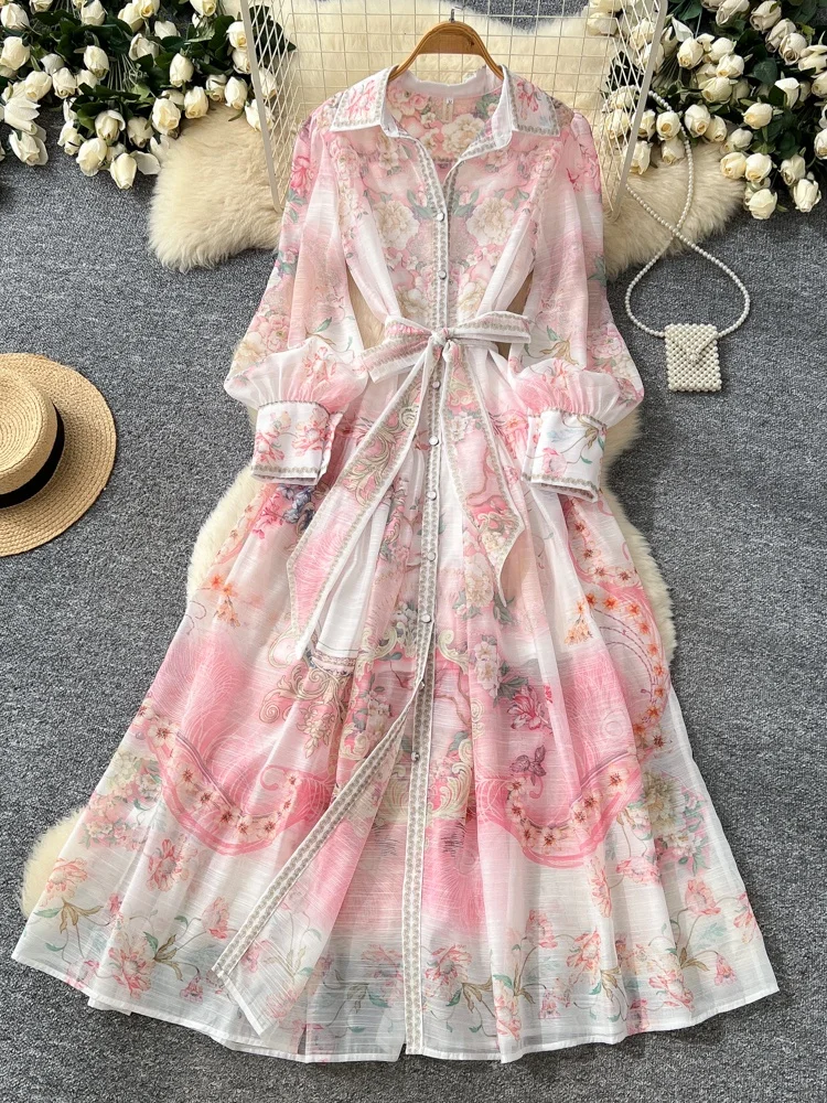 Elegant Floral Print Long Sleeve Dress Women's Spring Summer A-Line Midi Skirt Belted Waist Commute Holiday Style Korean Version