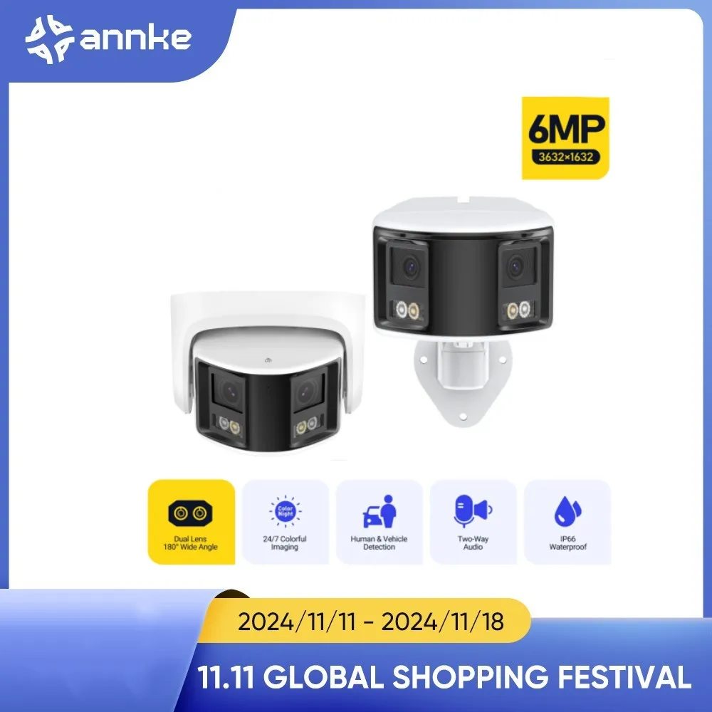 ANNKE 6MP POE Camera 180° Panoramic Dual Lens Security Protection Dual Lens Outdoor CCTV Surveillance Video Camera Audio Warning