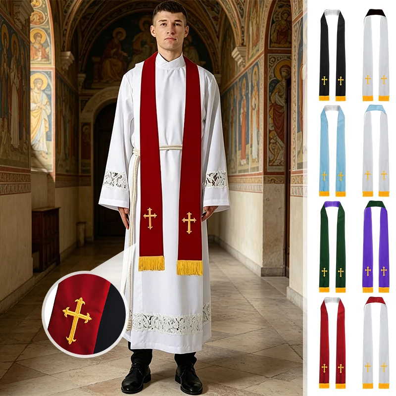 Estola de clérigo de doble cara, mantón de iglesia con borlas, para comunión cristiana, misa católica, pastores, sacerdotes anglicanos y adoración.