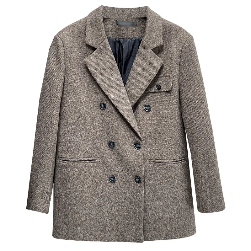 

Plus Size Women Blazer Winter Thicken Warm Quilted Woolen Lounge Jacket Fashion Double Breasted Long Overcoat 2429