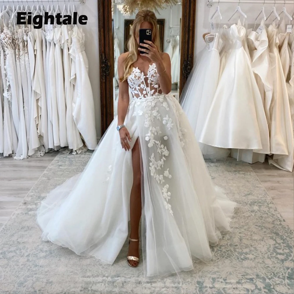 

Eightale Boho Wedding Dresses Lace Sweetheart Lace Princess A-Line High Side Slit Floor Length Bride Gowns vestido de noiva