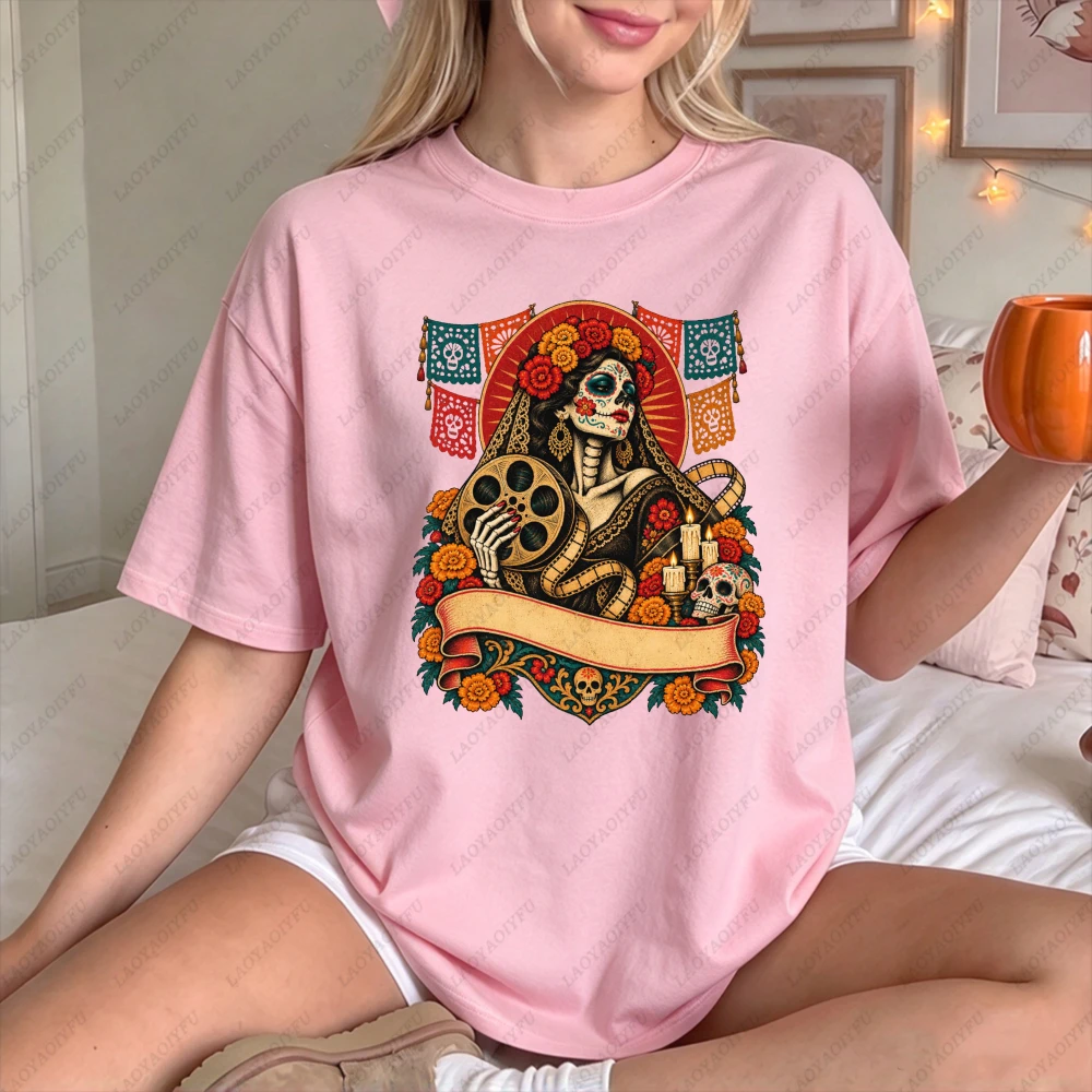 Día De Muertos Catrina Film Reel Marigold Custom Graphic Women Short Sleeve T-Shirt Vibrant Mexican Folk Art Gift Holiday Top