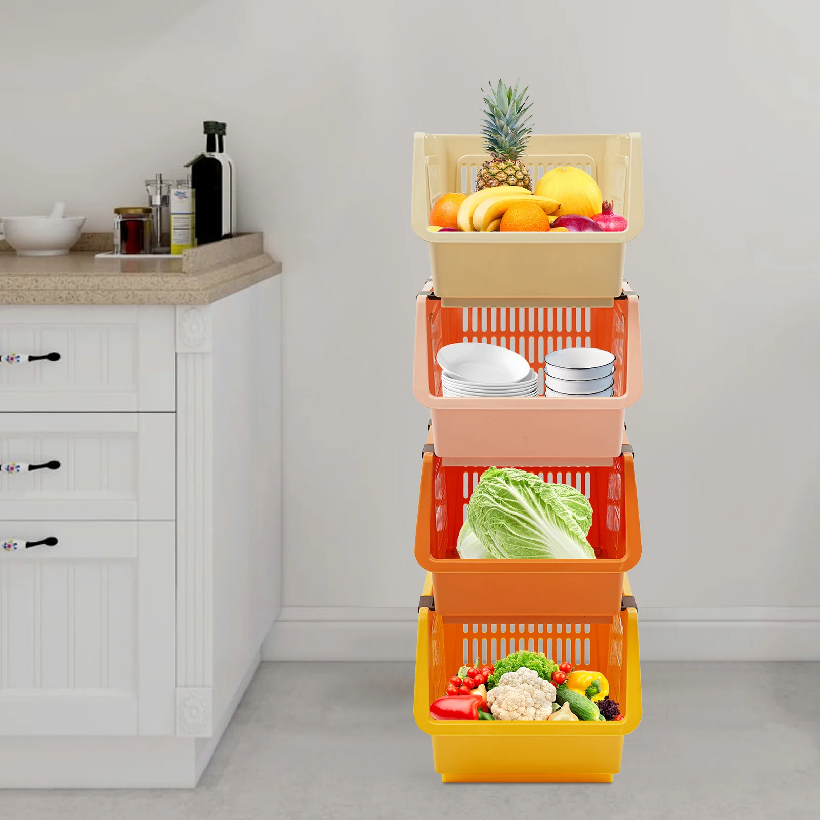 سلال تخزين كبيرة قابلة للتكديس، 4 صناديق تنظيم مع مقابض، صناديق بلاستيكية قابلة للطي لتنظيم مخزن الخزانة #5