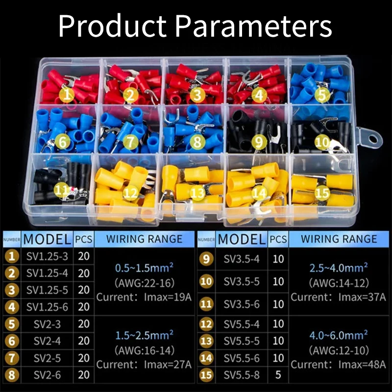200pcs Insulated Cable Connectors Kit With Wire Stripper Crimp Terminals U-Shaped Fork Spade Terminals AWG22-10 M3 M4 M5 M6 M8