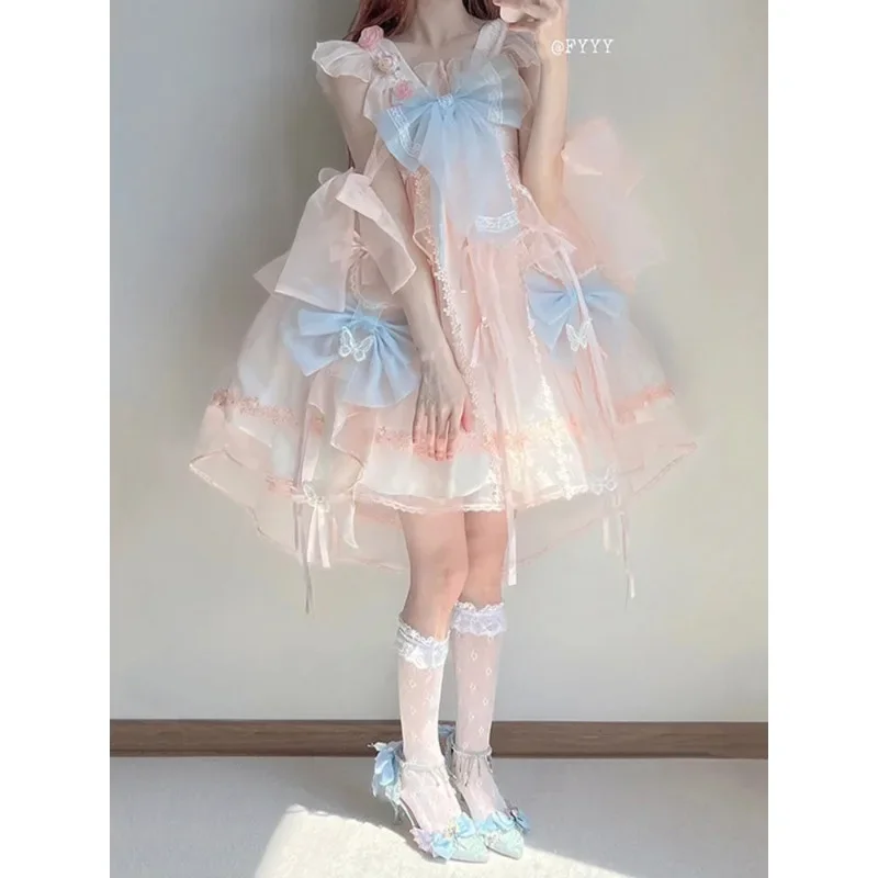 Chinese Traditionele Roze Kanten Strik Lolita Jurk Dameskleding 2024 Zomer Lieve Meisjes Theekransjurk Kawaii Carnaval Jurken