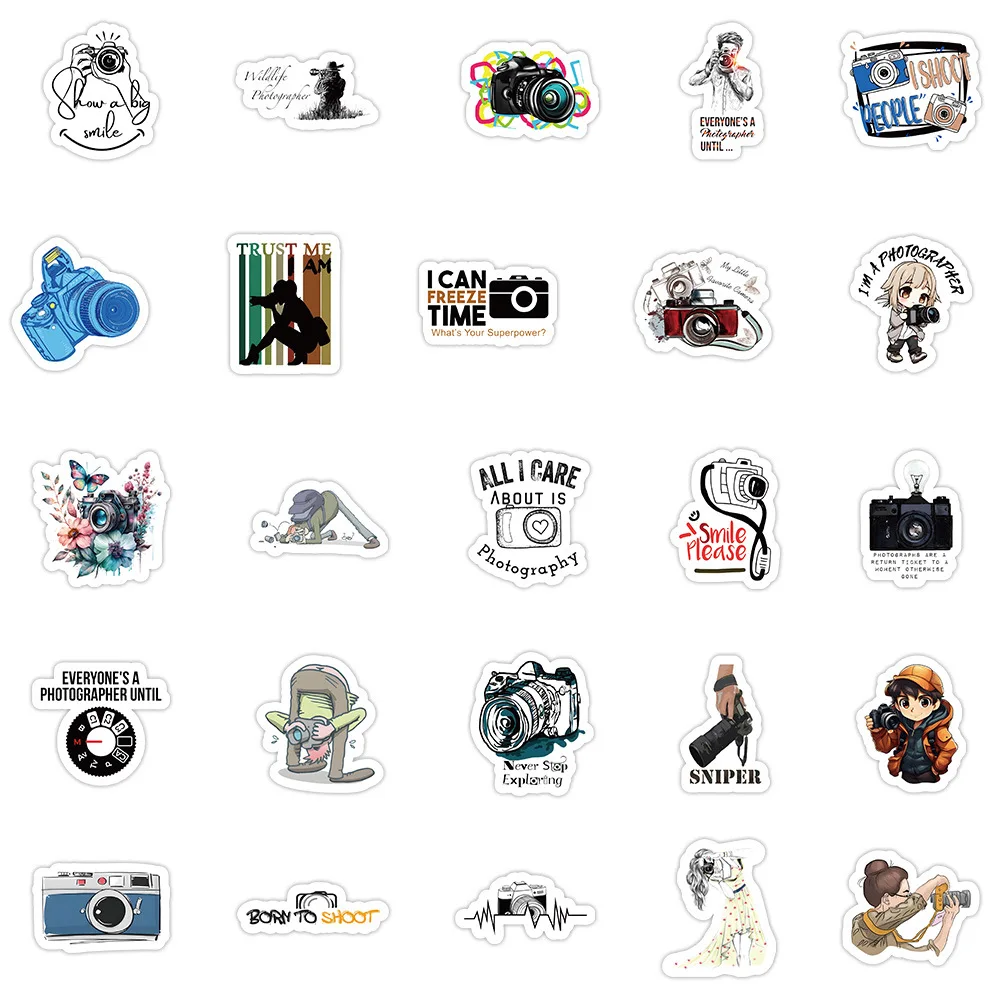 54 pezzi interessanti adesivi per cartoni animati per fotografo, gadget per fotocamera, decalcomanie, bagagli, skateboard, tazza, telefono, adesivi impermeabili