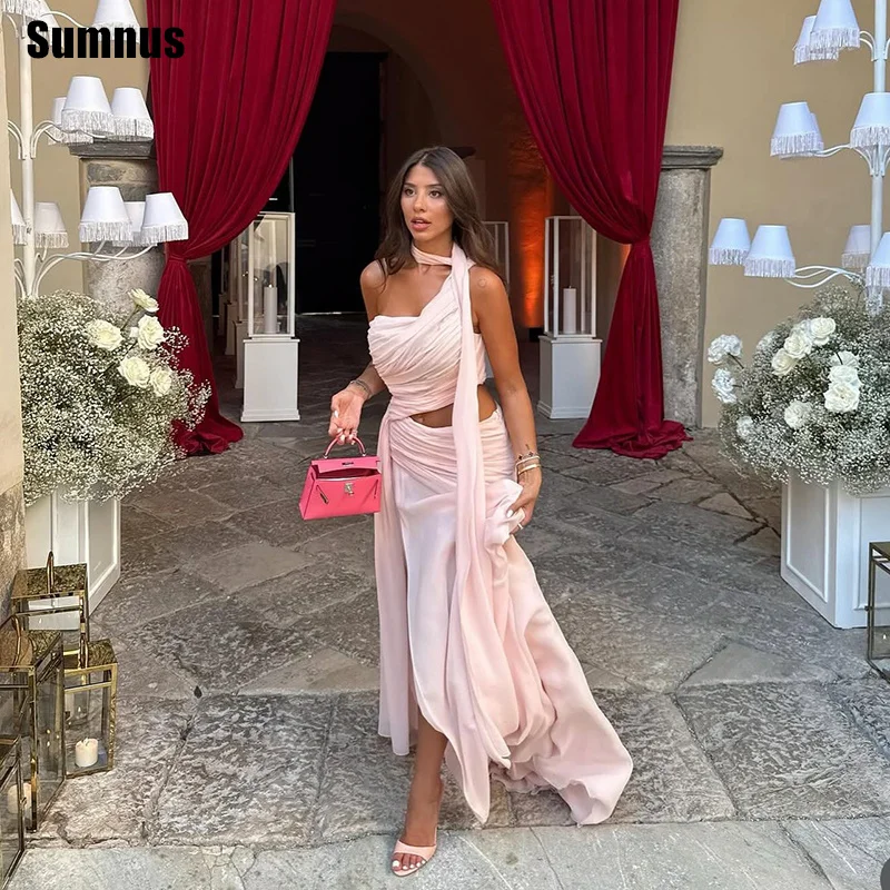 Sumnus Flowy Blush Pink Evening Dresses Chiffon Halter Ruched High Slit Midi Prom Dresses Wedding Guest Dresses 2026 Customized