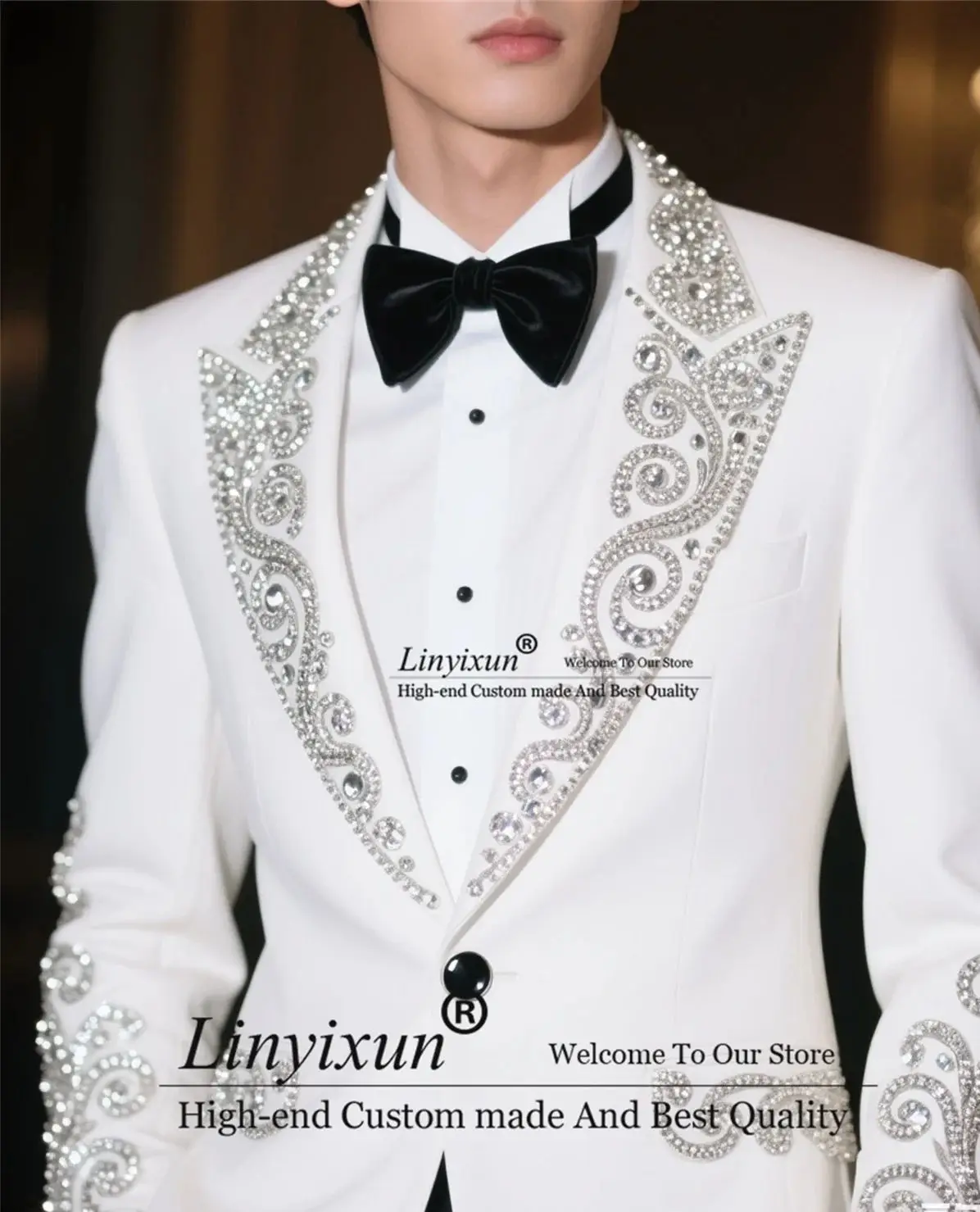 

Luxury Jewelry Ornament Tuxedo Men Suit Customized Slim Fit Wedding Groom Blazers Glitter Sequins 2 Pieces Set rajes para hombre