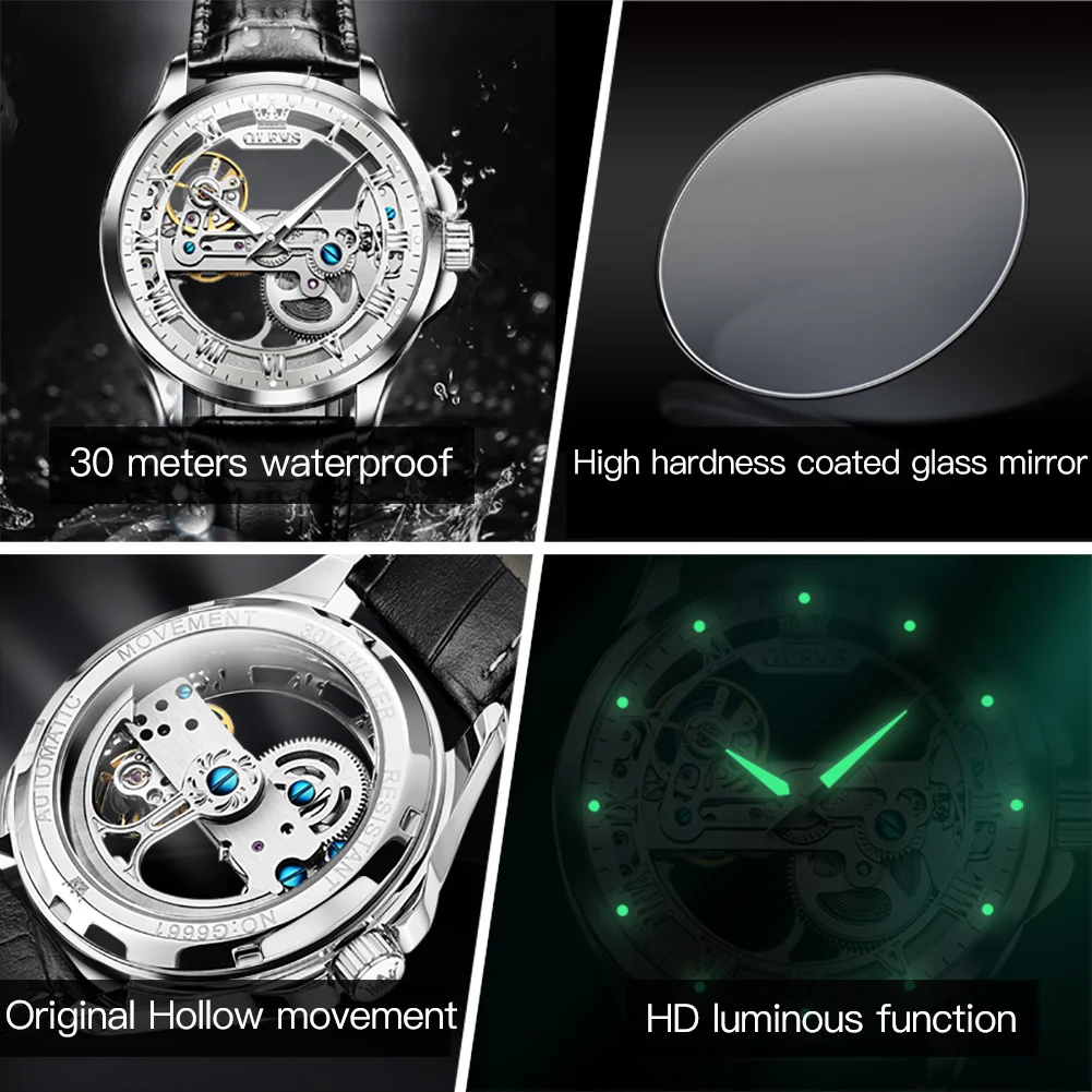 Mens Watches Fashion Luxury Business Skeleton Automatic Mechanical Watch Men Casual Leather Waterproof Watch Relogio Masculino