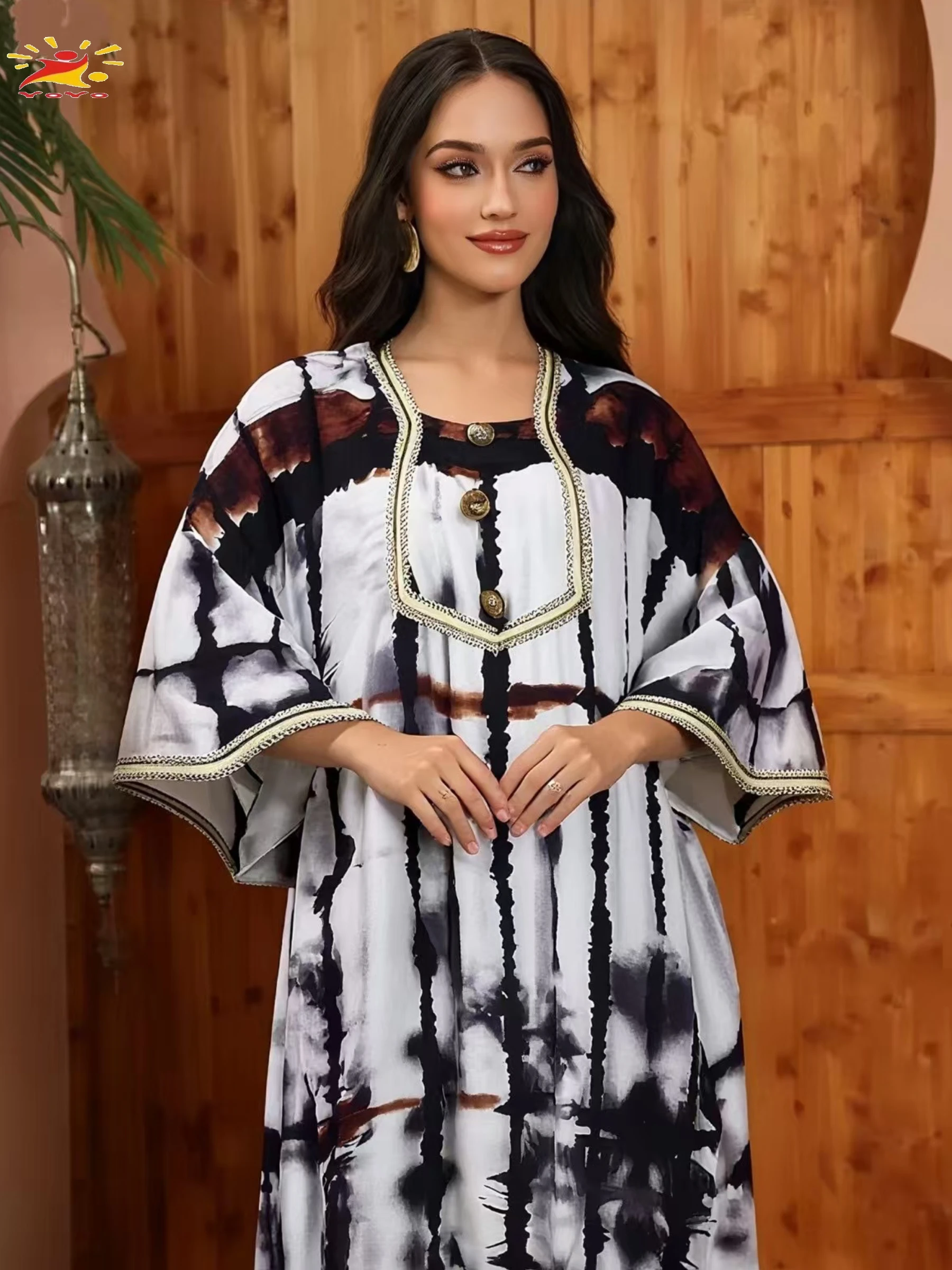 2025 무슬림 여성용 코튼 아바야, 다시키 루즈 드레스, 배트윙 슬리브, 여성용 로브 부부, 아프리카 이슬람 드레스 (헤드스카프 포함)