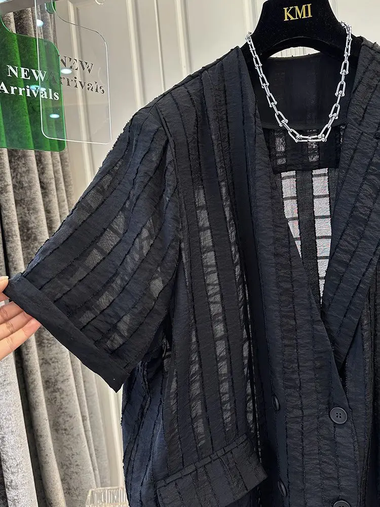 Black V-neck Checkered Shoulder Pad Suit Chiffon Shirt Women's Lightweight Causal Top