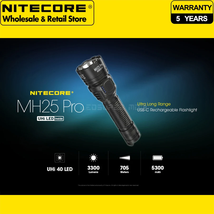 Ультрадлинный перезаряжаемый фонарик NITECORE MH25 Pro 3300 люмен USB-C с литий-ионным аккумулятором 5300 мАч