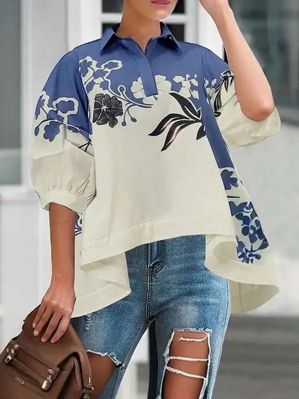 BabYoung ฤดูร้อนผู้หญิงเสื้อและเสื้อ 2025 ฤดูใบไม้ผลิสูง-ต่ําดอกไม้พิมพ์ Lapel Leisure อินเทรนด์ครึ่งแขนเสื้อผู้หญิง