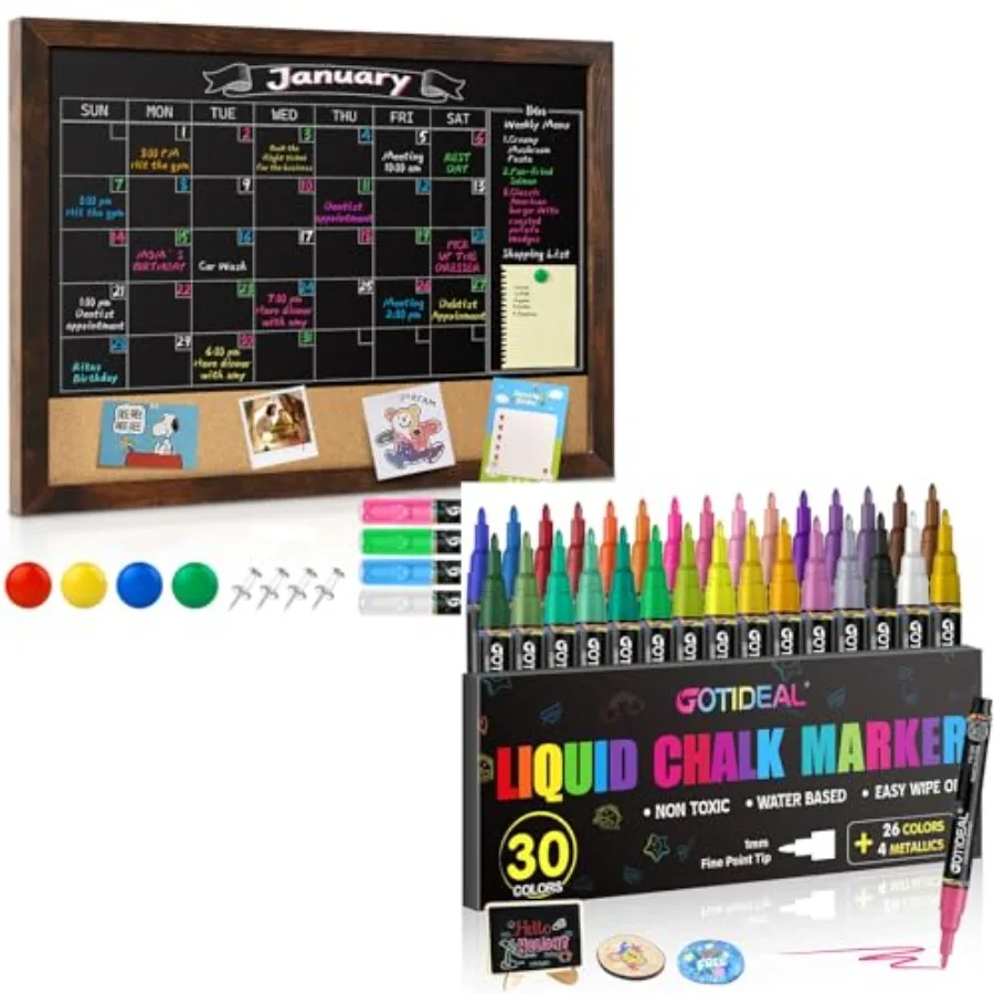 

Magnetic Framed Chalkboard Calendar 24"x18" + 30 Colors Fine Tip Liquid Chalk Markers Bundle - Wall Mounted Blackboard and Wash
