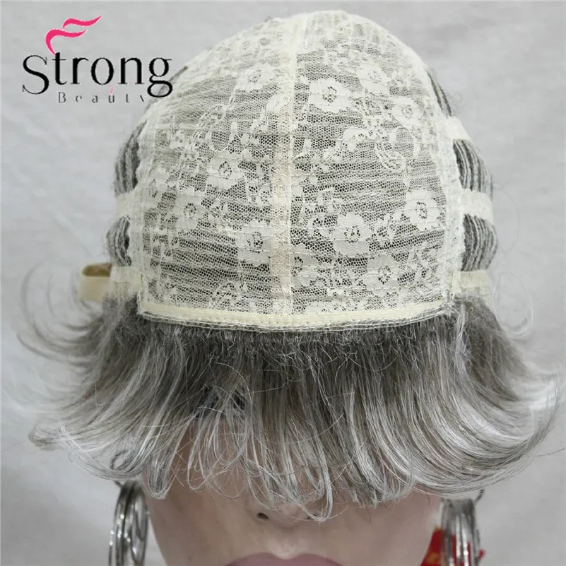 StrongBeauty Peruca sintética completa com boné clássico cinza prateado em camadas curtas