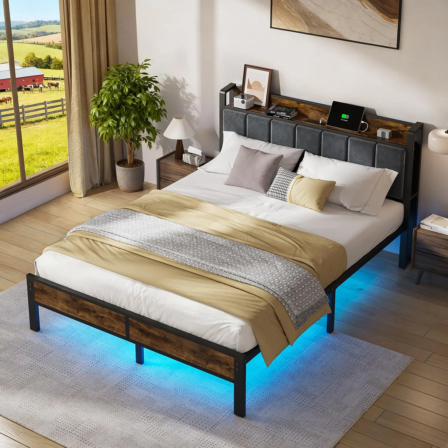 إطار سرير بحجم كوين مع أضواء LED، لوح رأسي منجد مع مساحة تخزين ومحطة شحن، منصة معدنية مع شرائح، بدون صندوق