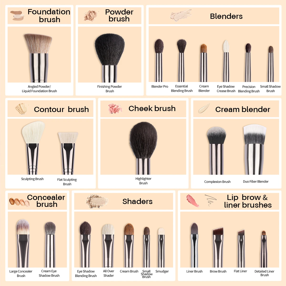 Natural Hair Professional Makeup Brush Set Cosmetic Tools Brushes Kit for Make Up Synthetic Foundation Set Concealer