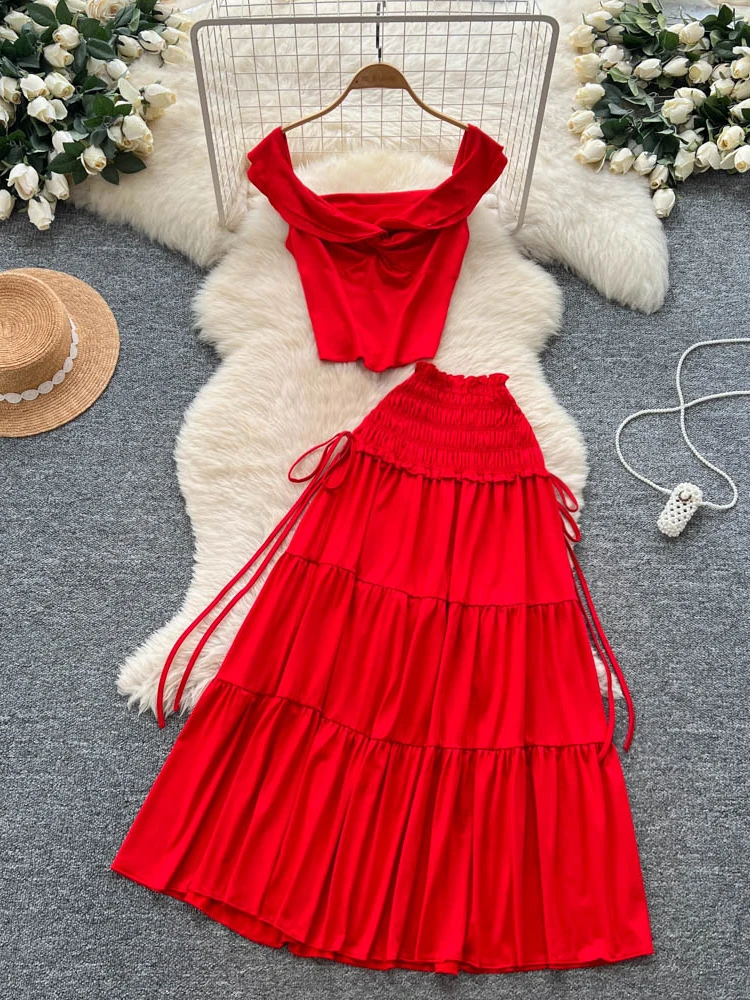 

Summer Red 2 Piece Sets Women Skirts Outfit Twist Knot Halter Crop Top High Waist Draped Long Skirt Two Piece Set