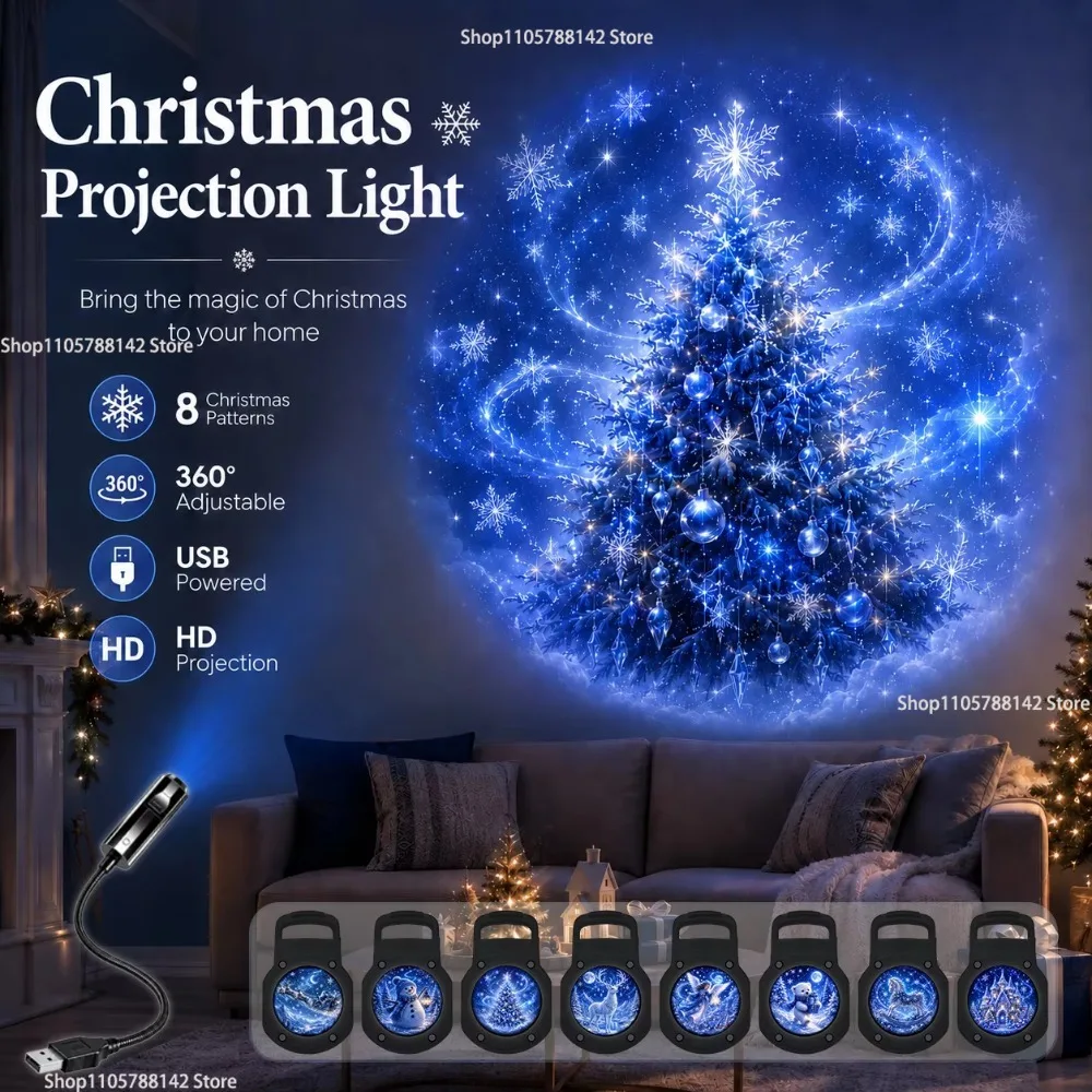 2027 Christmas 8-Pattern Projection Festive Decoration Night Light，USB-Powered Nightlights, Perfect for Creating A Festive