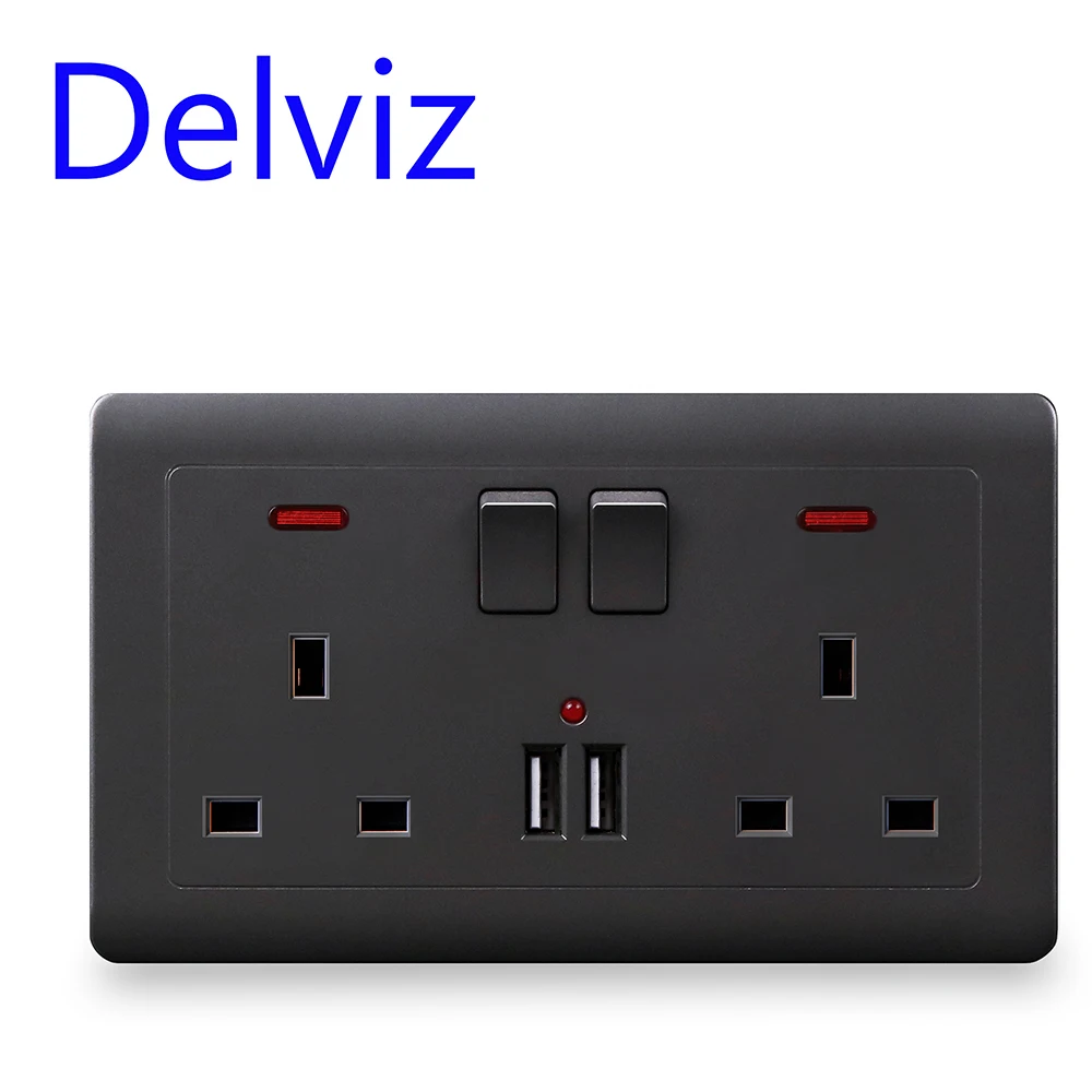 Delviz 벽 USB 이중 소켓, 스위치 제어 2A USB 충전기 포트, AC 110V ~ 250V, 146mm x 86mm 패널, 영국 표준 13A 전원 콘센트 