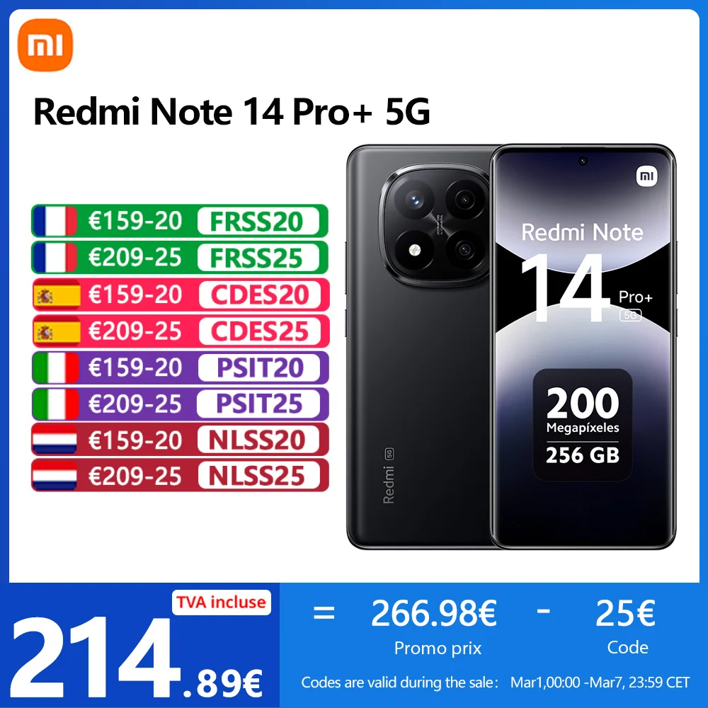 Xiaomi Redmi Note 14 Pro Plus 5G, NFC, teléfono inteligente, Snapdragon® 7s Gen 3, pantalla AMOLED de 6,67" y 1,5 K, 120 Hz, cámara de 200 MP, batería de 5110 mAh,Cargador no Incluido