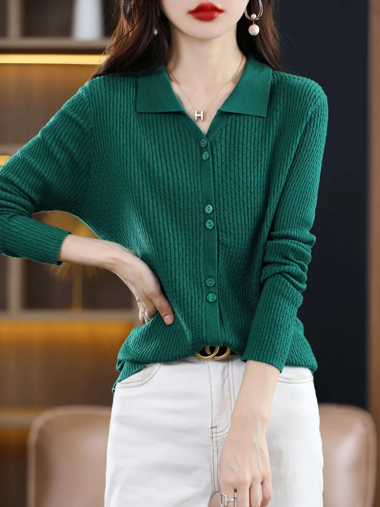 Women 100% Wool Slim Sweater Spring Autumn New Polo V-neck Twisted Flower Cardigan Fashion Casual Knitted Soft Jacket Tops