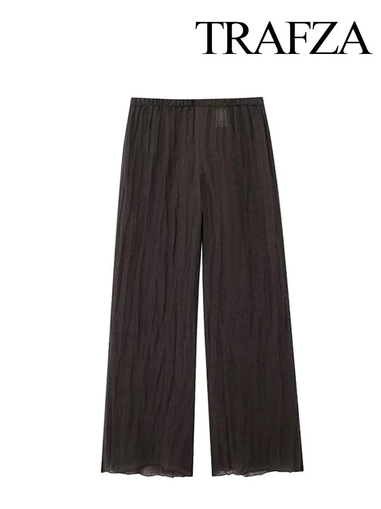 

TRAFZA Summer New Fashion Women Full Length Pants Brown High Waist Elastic Waist Loose Trousers Female Casual Wide Leg Pants