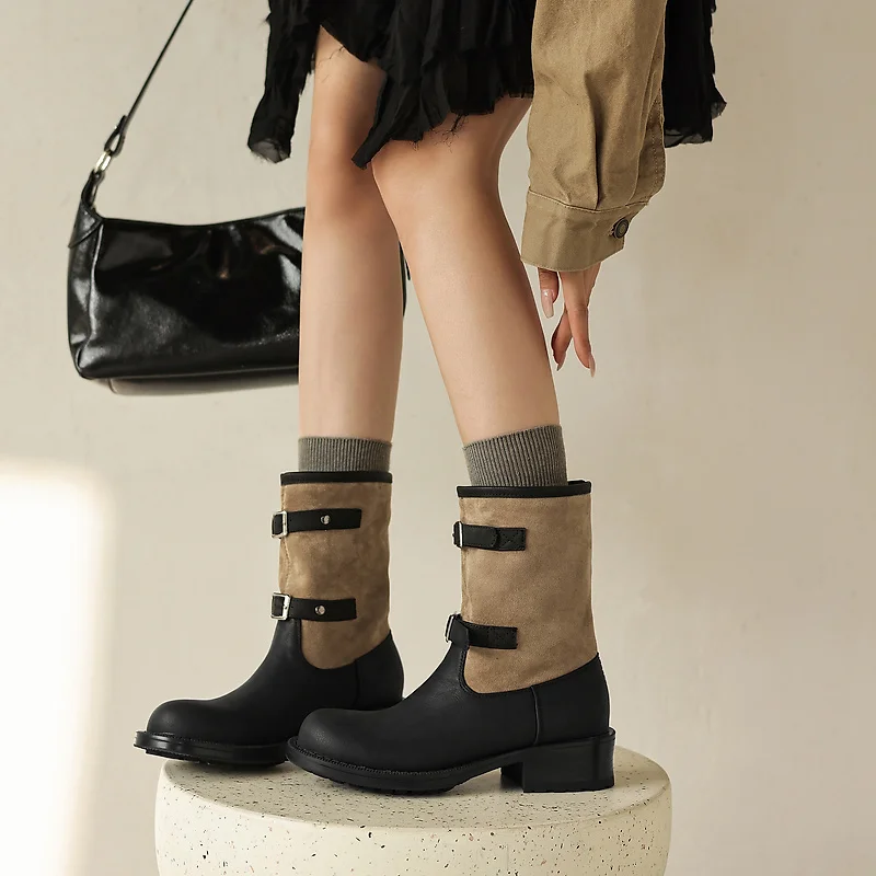 40 41 42 43 Women's Plus Size Footwear Autumn Winter Round Toe New Warm Fleece Lining Patchwork Casual Vintage Mid-calf Boots