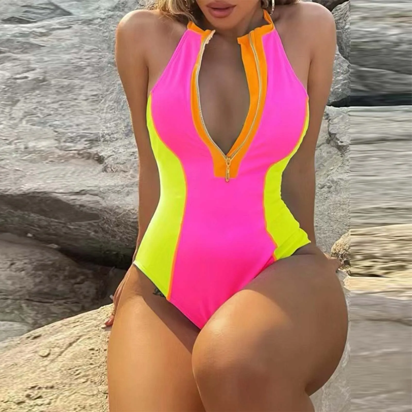 

New Women Half Zipper Bathing Suits High Cut Swimwear Patchwork One Piece Swimsuit Colorblock Beach Wear Trajes De BañO Mujer