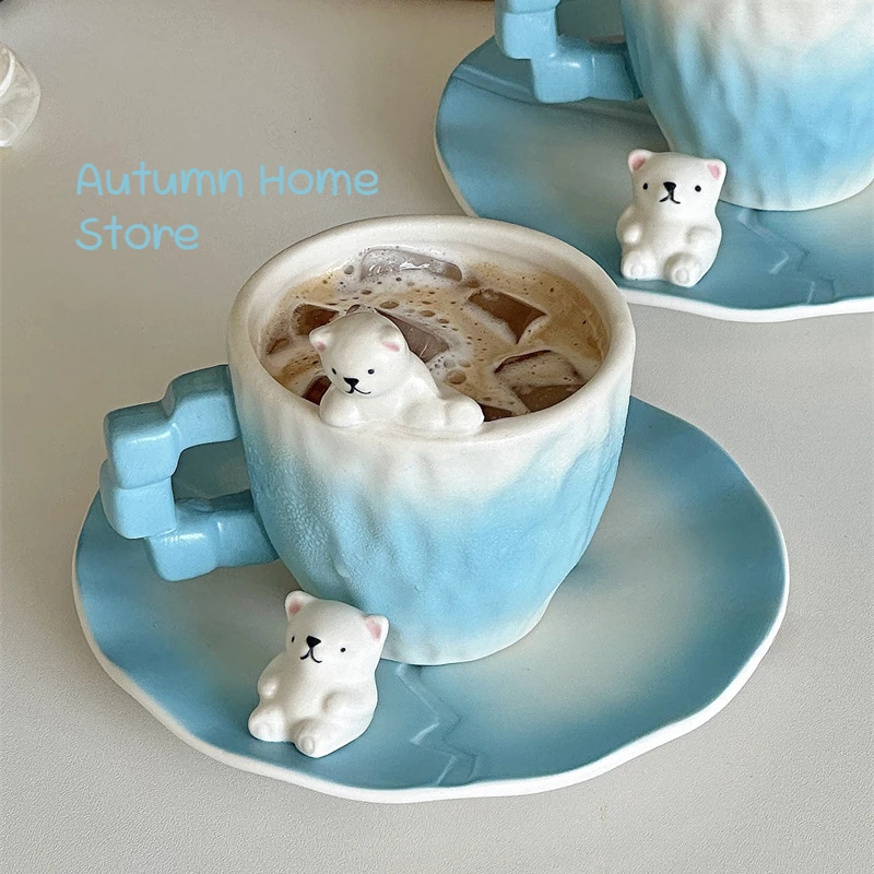 

Cute Handmade Niche Ceramic Coffee Cup with Polar Bear Ice Surface Design Feeling Cup Coffee Mug