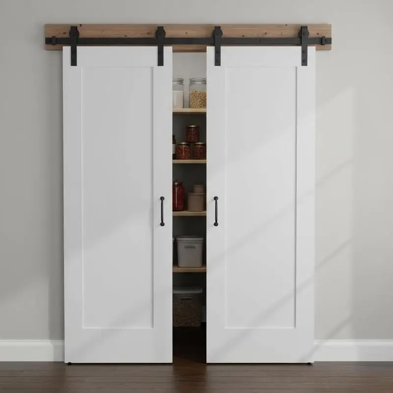 

Double Folding Barn Door Rail Set 64in For Closet Pantry Laundry Room, Smooth Operation Silent Performance Heavy Duty Construction Top Mount Design Four Door Panel Application
