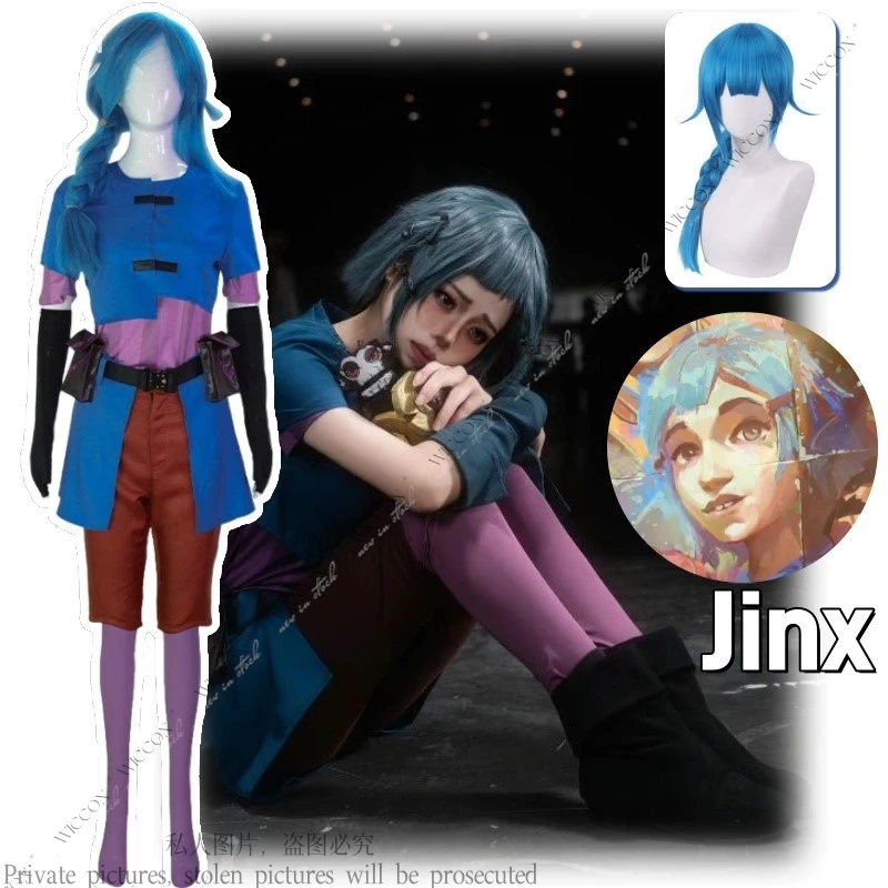 Jinx Anime Game LOL The Loose Cannon Cosplay Costume Wig Childhood Clothes Woman Coat Pants Blue Braid Wig Halloween Suit