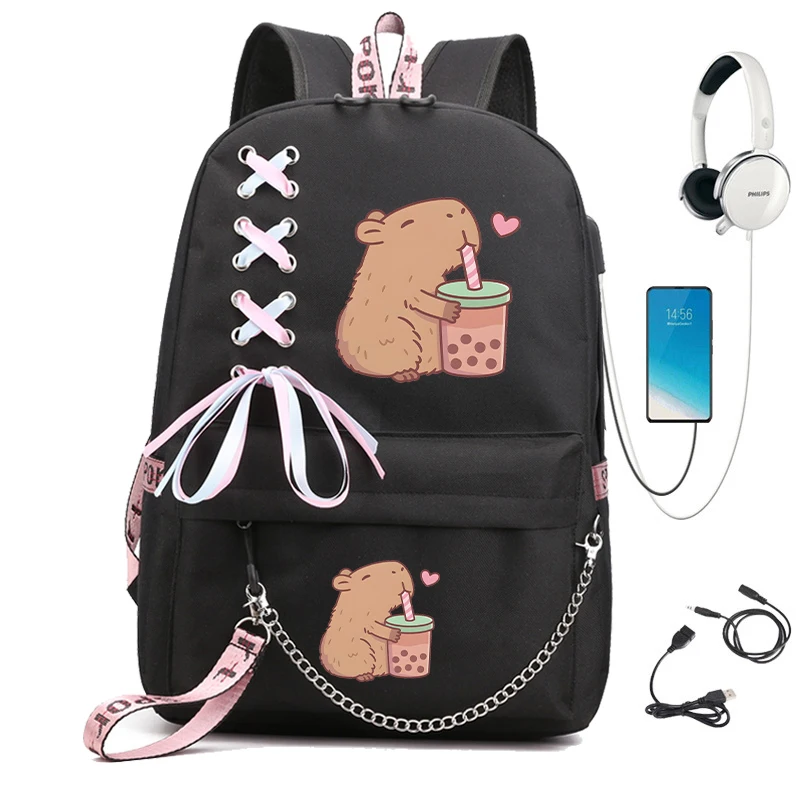 Cartoon Capybara School Backpack for Student Kawaii Schoolbag Girl Children Backpack Anime Cartoon Teenager Bagpack Usb Bookbag