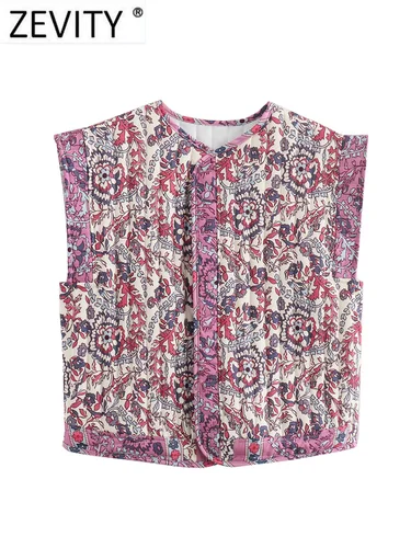 Imagen 2 del producto Zevity 2024 mujeres Vintage cuello redondo Patchwork estampado Floral acolchado algodón chaleco chaqueta femenina sin mangas algodón chaleco Tops CT332
