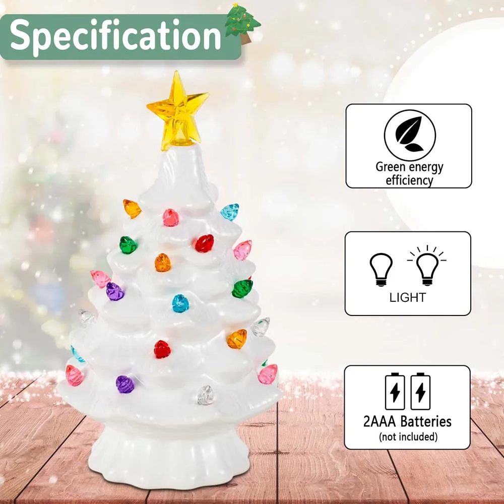 7 Inch Ceramic Christmas Village Decor Tree LED Topper Star Multicolored Lights Decorative Atmosphere Centerpiece Table Display