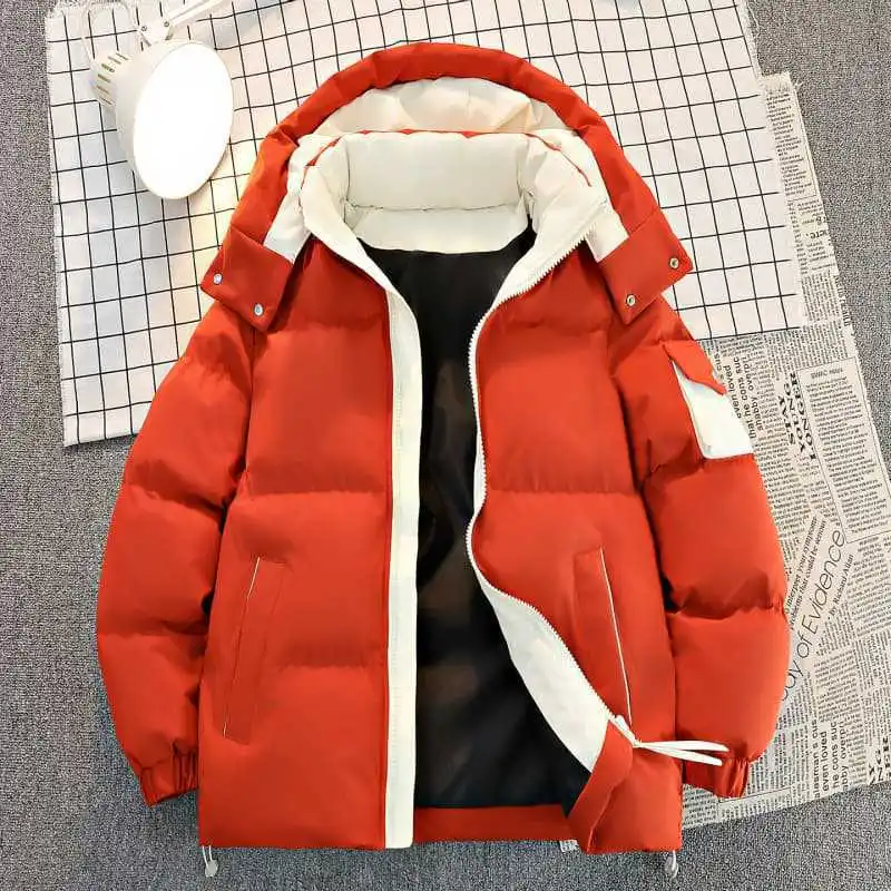 Męska kurtka zimowa, ocieplana, odporna na zimno, kontrastowe kolory, modna odzież wierzchnia, długi rękaw, zapinana na zamek, luźna, codzienna kurtka męska z kapturem.