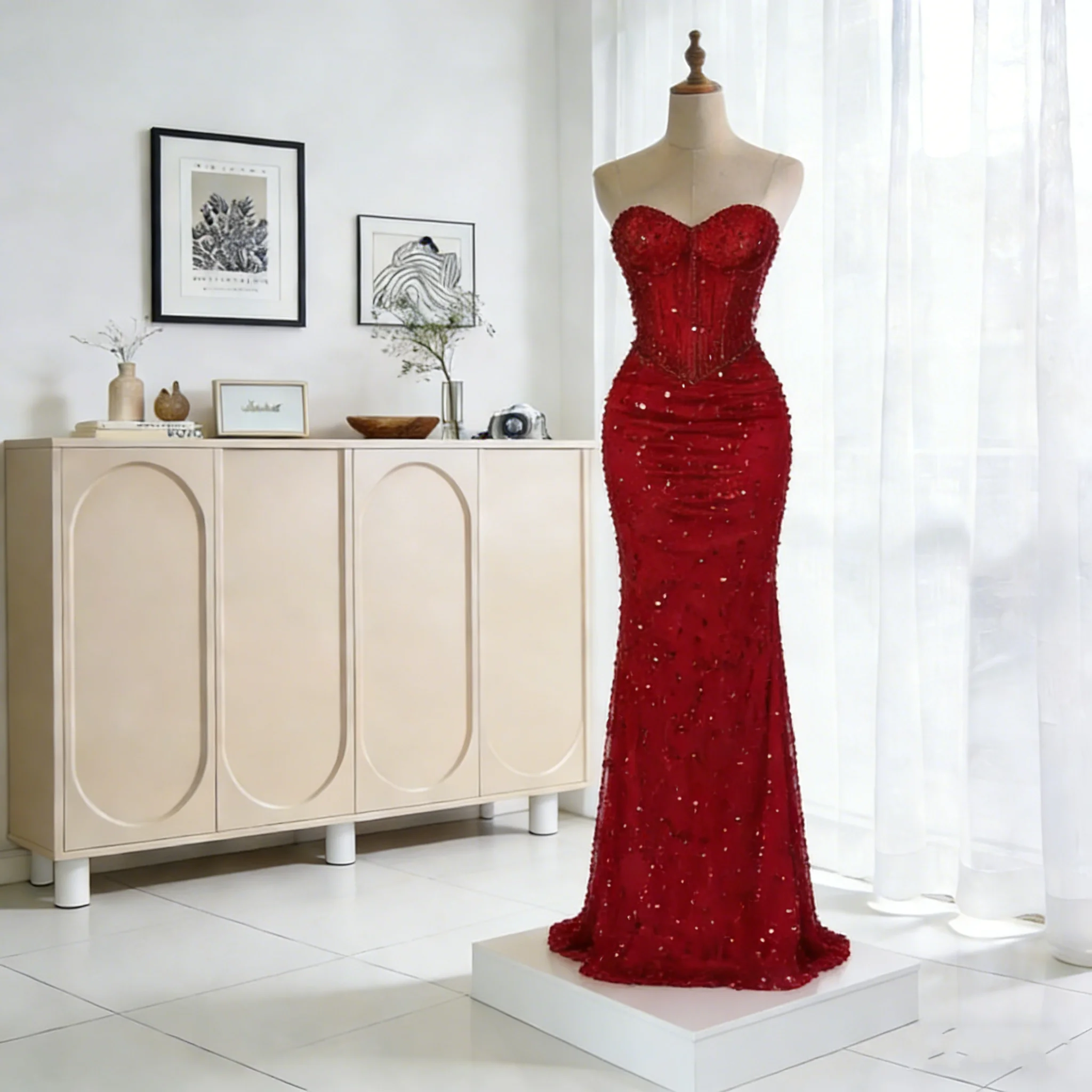 

Customized Red Mermaid Rhinestones Prom Dress Halter Neck Floor-Length vestidos de noche Luxury Sleeveless Formal Evening